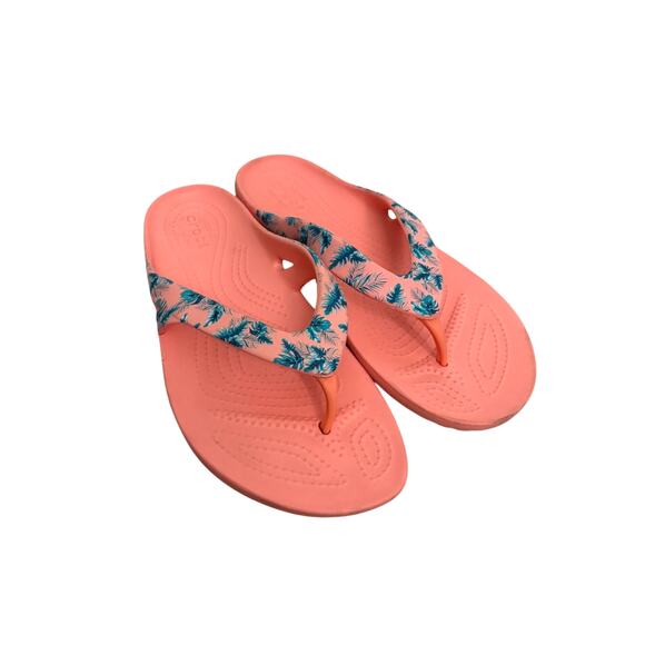 Crocs Flip Flops Womens Size 8 Kadee II Coral Pink Melon Tropical Floral Sandals - Picture 1 of 8